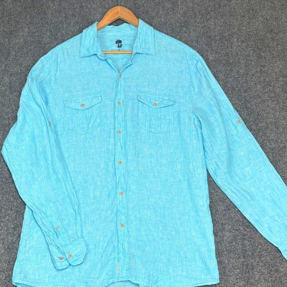 Ocean & Coast Button Down Shirt Mens Large Blue 100% Linen Roll Tab Sleeve